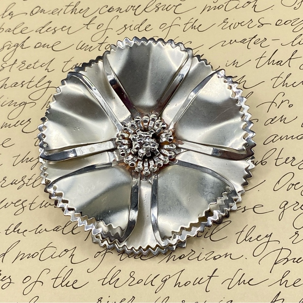 Silver Tone Large Floral Brooch Textured Layered 3"